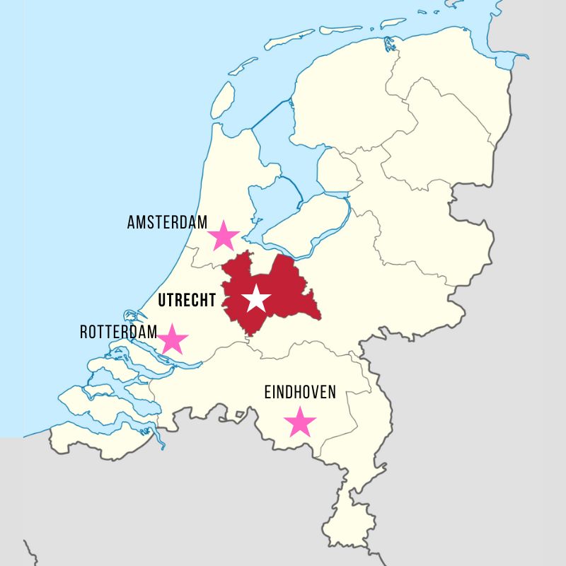 Mappa dei Paesi Bassi che indica Utrecht e la sua regione